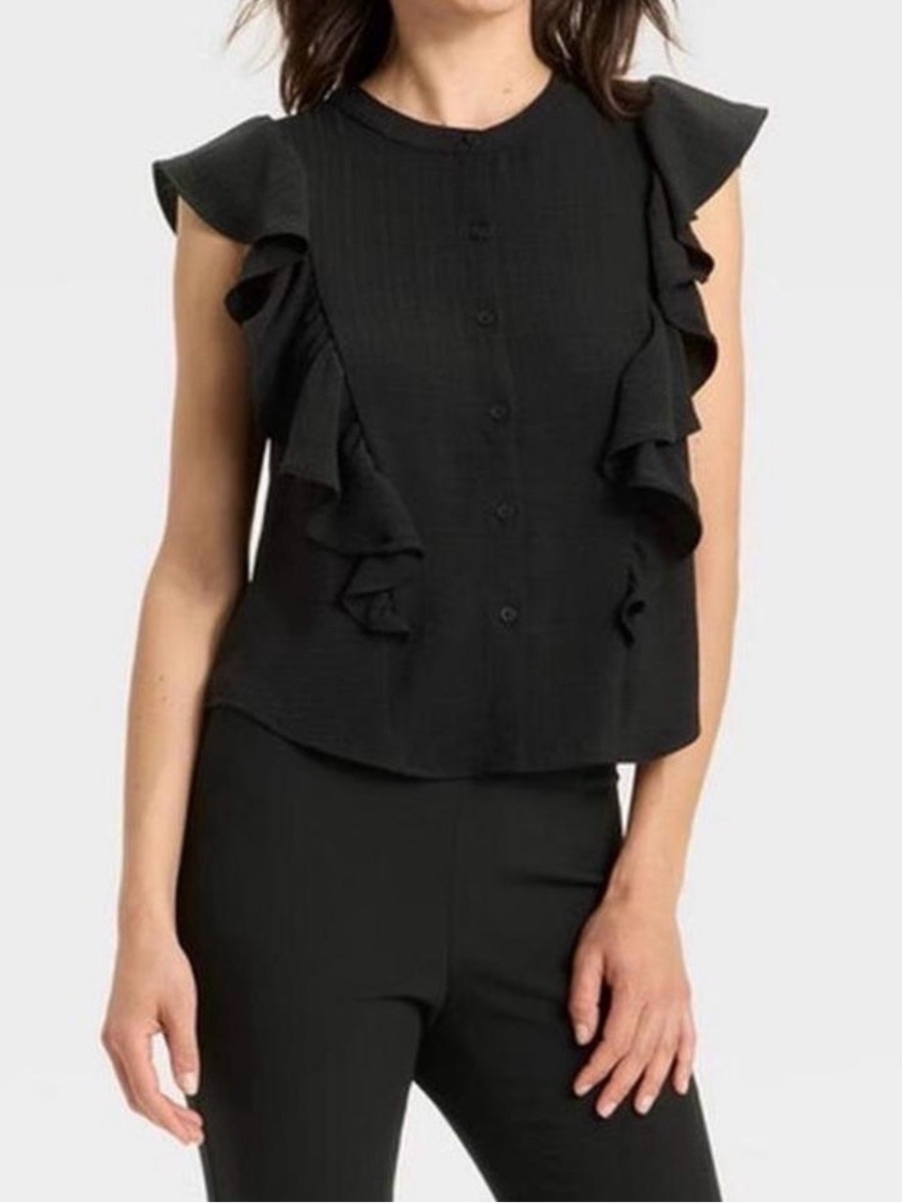 A New Day Black Sleeveless Button-Front Ruffled Blouse NWT Size XL